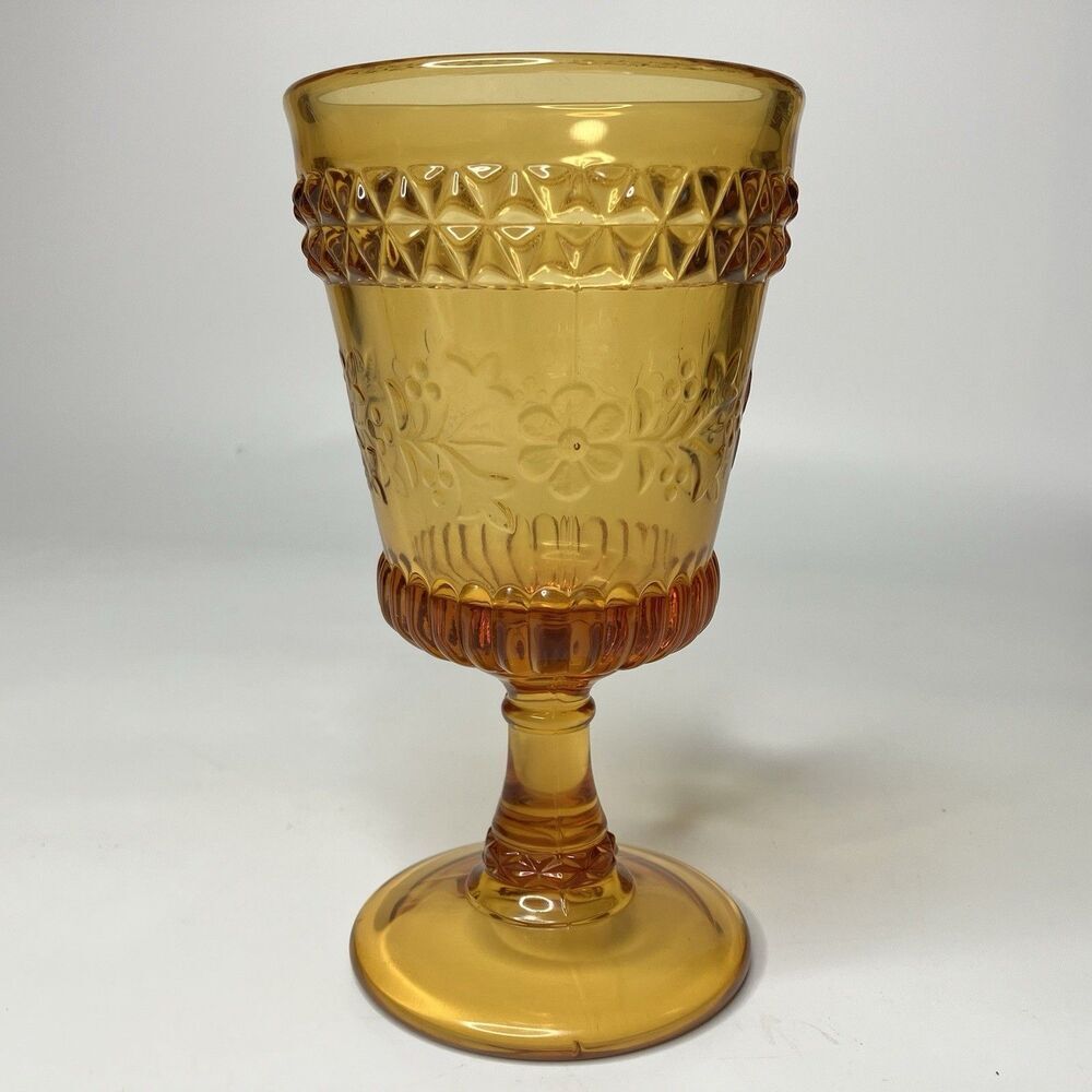 Vtg Adams Golden Amber Wildflower 6x3" Goblet Water Glass EAPG